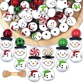120 PCS Snowmen Wooden Beads, Christmas Wood Beads with Twine Scarf, Colorful Green Red Buffalo Plaid Winter Wooden Round Bead for DIY Crafts Christmas Party Farmhouse Decoration
