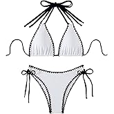 Verdusa Women's 2 Piece Scalloped Trim Halter Swimsuit Tie Side High Cut String Bikini Set