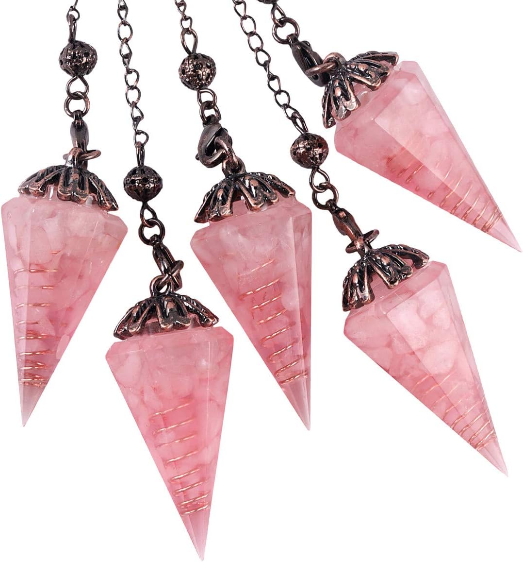 Nupuyai Rose Quartz Vintage Crystal Point Dowsing Pendulum for Divination Scrying Healing Faceted Hexagonal Resin Chip Stone Pendulum with Chain - Image 5