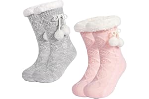 LEMZONE Women's Warm Slipper Socks Fuzzy Fleece-lined Cabin Socks with Grippers (2 Pair Pack)