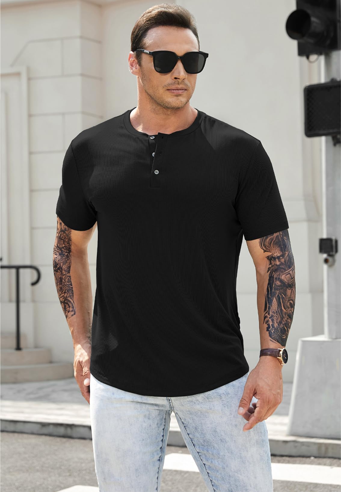 JMIERR Men's Muscle Slim Henley Shirts Crewneck Longline T-Shirt Gym Workout Athletic Shirt Tees with Button