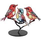 Luqeeg Stained Glass Birds on Branch Desktop Ornaments, Multicolor Hummingbird Craft Statue, Double Sided Acrylic Flatness Table Art, Bird Statue Ornaments for Home Decor (3 Birds in