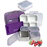 kinsho Stainless Steel Bento Lunch Box Set for Adults, Kids - Insulated Bag and Ice Pack - Leak-Proof Metal Compartment Meal Prep Food & Snack Containers for Work Travel School Daycare, 36 oz Purple