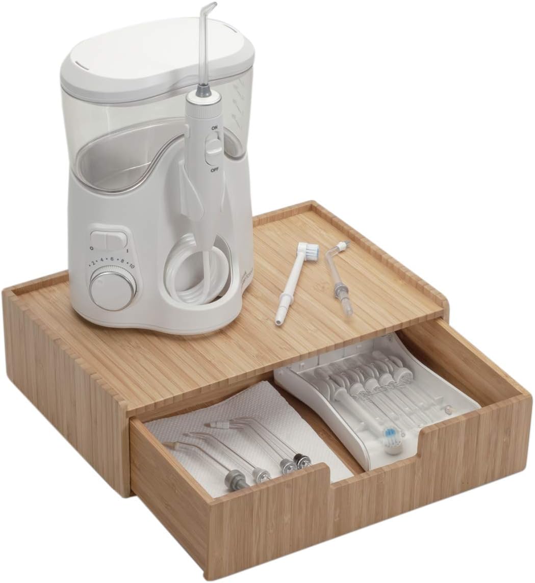 MobileVision Bamboo Bathroom Drawer Organizer Storage for Water Flosser Accessories, Toothbrushes, Toothpaste, Floss, Extra Brushes, Replacement Tips, and More