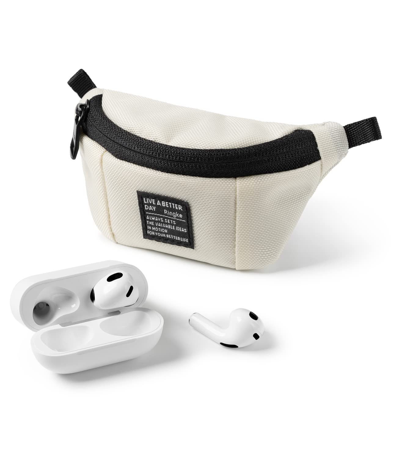Ringke Mini Pouch [Sling Bag] with Carabiner, Nylon Carrying Pouch Small Bag for AirPods, Galaxy Buds, Earphones, Cards, ID - Ivory