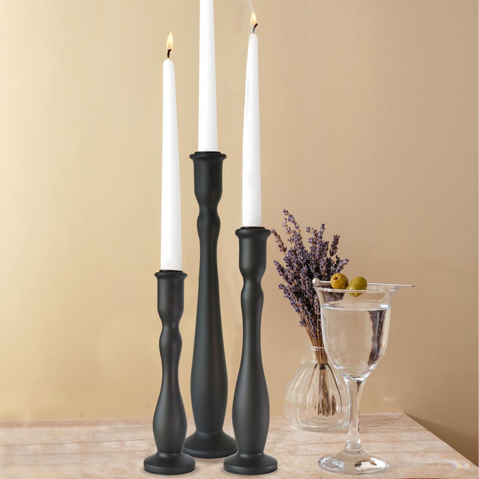 Photo 1 of DINLiAN S Candlestick Holders Black Candle Holder for Candlestick,Taper Modern Candle Holders Set of 3,Tall Wood Candle Sticks Holder Decor(12"/10"/8" H) (3, Black)