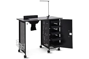 WELLHUT Manicure Table Pro Mobile Nail Tables Station Steel Frame Salon Spa Table Nail Tech Gift Art Desk Workstation Beauty Equipment w/Nails LED Lamps, 5 Drawers w/Key, Storage Shelf