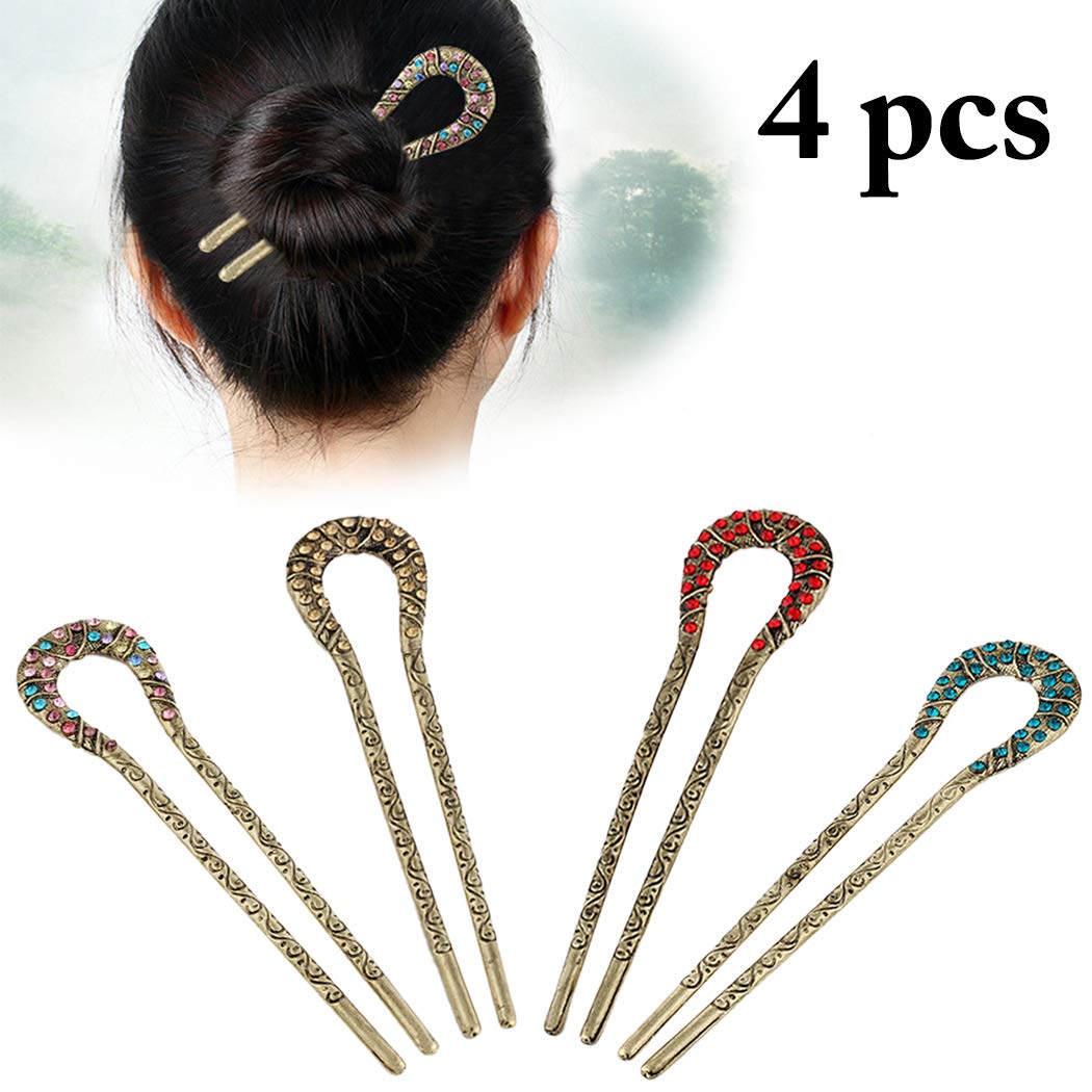 Zoylink 4pcs Vintage Hair Stick Rhinestone Hair Fork Hair Pin