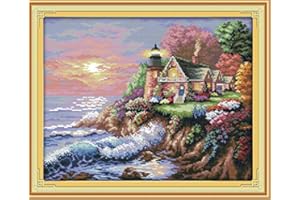 Stitchmelody 14CT Counted Cross Stitch Kits,DMC Unprinted Pattern Embroidery Set Needlework-The Seaside Lighthouse 17.3''×14''