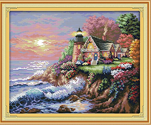Stitchmelody 14CT Counted Cross Stitch Kits,Unprinted Pattern Embroidery Set,DMC Threads-The Seaside Lighthouse 44cm×36cm