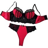 MakeMeChic Women's Plus Size 2 Piece Babydoll Lingerie Set Color Block Bow Floral Lace Bra and Panty Set