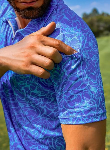 JMIERR MENS GOLF SHIRT MOISTURE WICKING QUICK-DRY SUMMER SHORT SLEEVE CASUAL ZIPPER POLO SHIRTS WITH PEN POCKETS, M, SKY BLUE