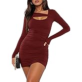 Yousify Womens Cocktail Dress Long Sleeve Bodycon Dress Fall Ruched Cut Out Sexy Fitted Club Party Mini Dress