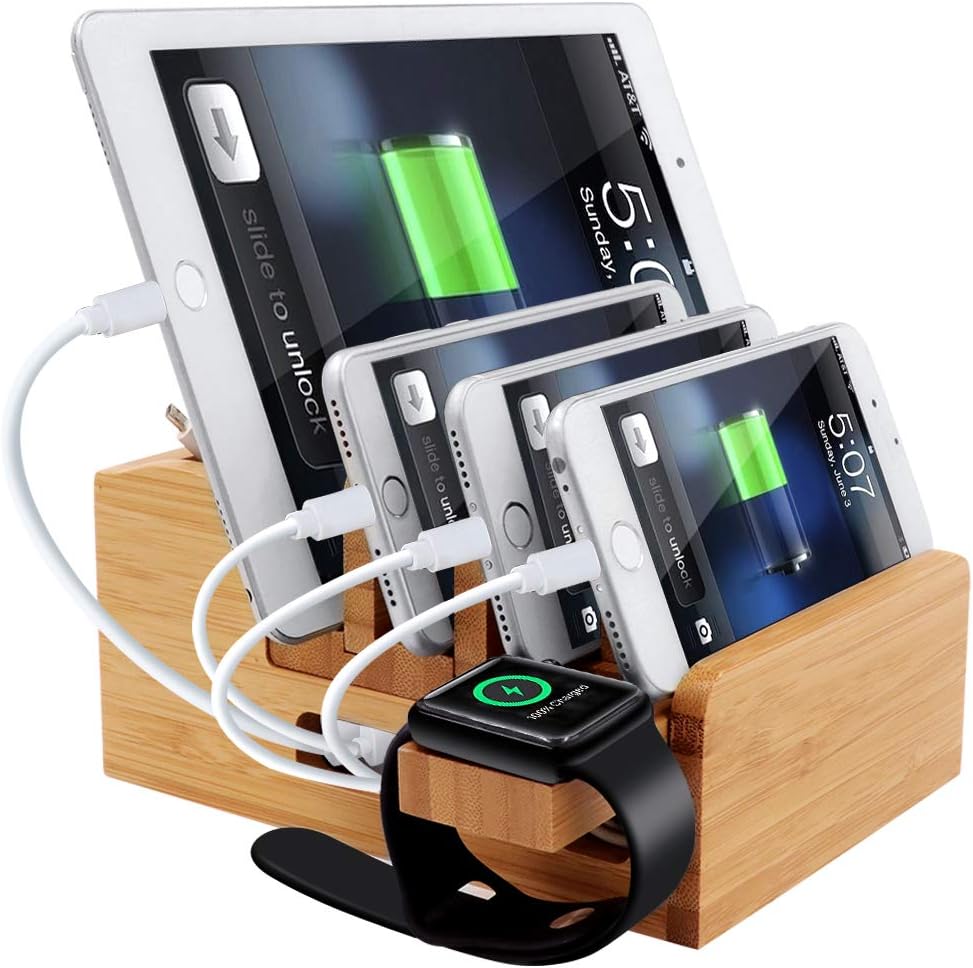 iCozzier Bamboo 5Port Fast USB Charging Station Dock Desktop Organizer