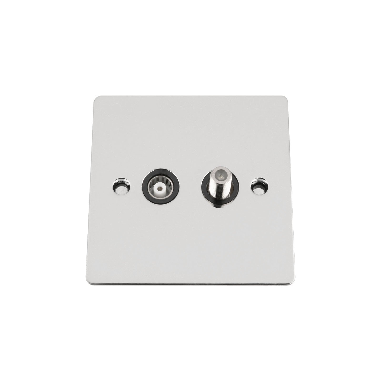 TV Aerial + Sky Satellite Wall Socket - Polished Chrome - Flat - Black Insert