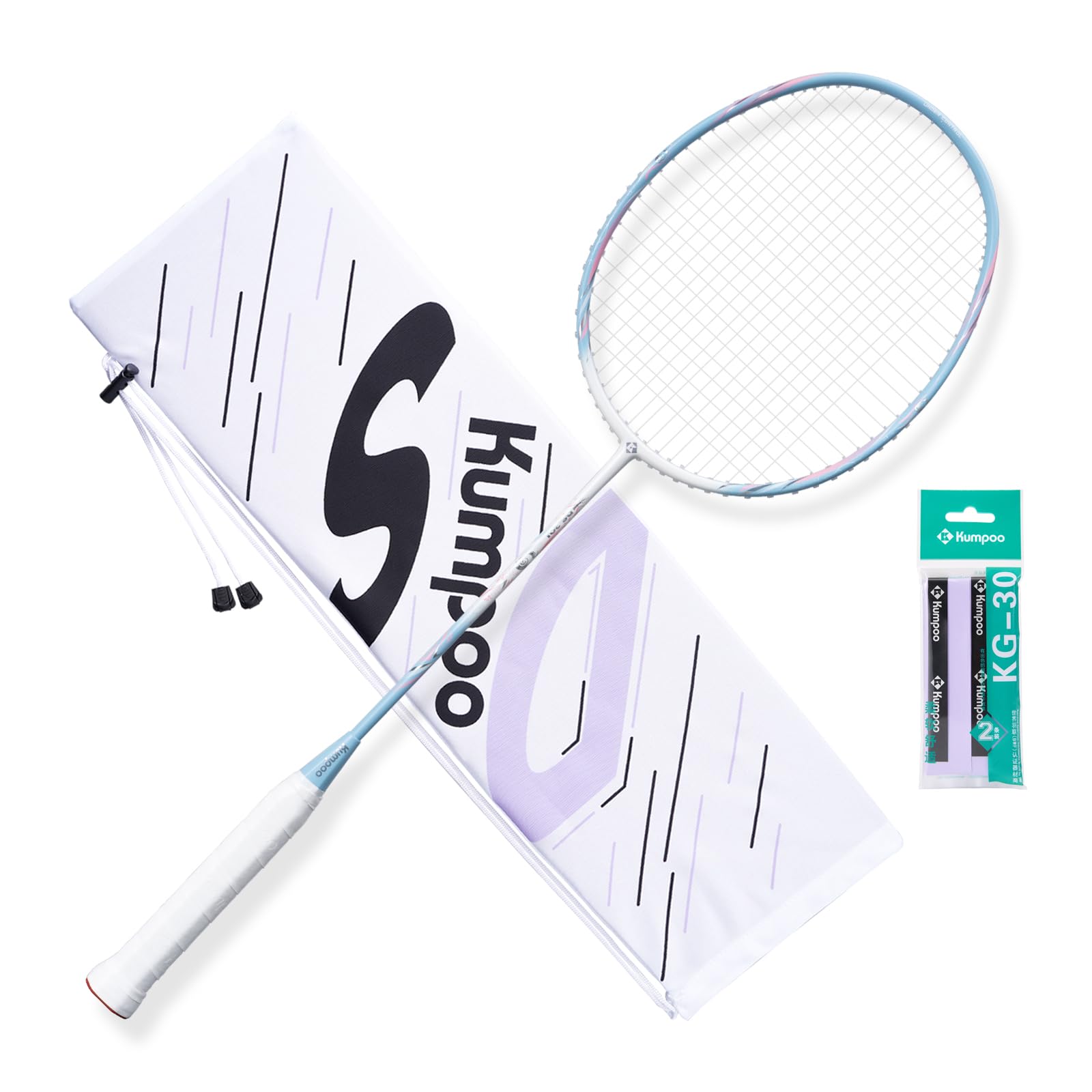 KUMPOO Professional Carbon Fiber Badminton Racket Set DS-201 Blue - With Grip & Bag, Lightweight for Beginner Outdoor Games