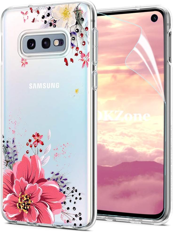 OKZone Galaxy S10E Case, [Flowers Pattern Design] Colorful Floral Pattern Printed Shockproof Transparent Clear Soft Flexible TPU Protective Case For Samsung Galaxy S10E (Pink)