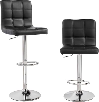 Panana Height Adjustable Cuban Bar Stool Set of 2 Black PU Leather 360° Swivel