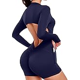 SEASUM Women's Long Sleeve Backless Jumpsuit Side Pocketed Scrunch Butt Sexy Workout Bodysuit Yoga Romper