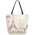 Naanle Eiffel Tower Canvas Tote Bag Large Women Casual Shoulder Bag Handbag, Valentine's Day Paris Reusable Multipurpose Heavy Duty Shopping Grocery Cotton Bag for Outdoors.