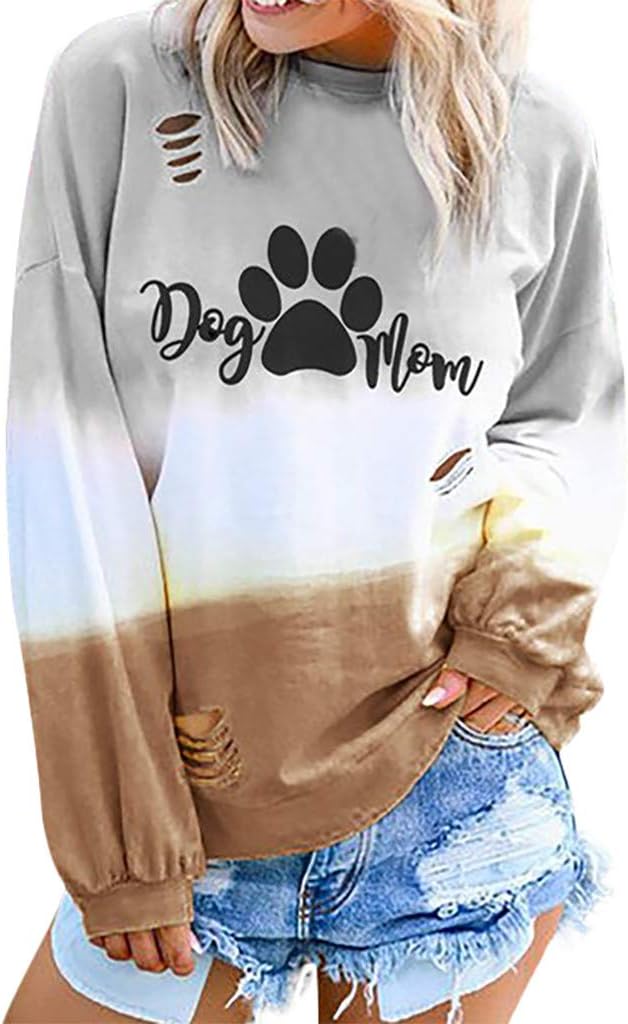 Rockia Graphic Sweatshirts for Women Funny Fall Long Sleeve Shirts Dog MOM Letter Print Tunic T-Shirt Tops Blouse Tee