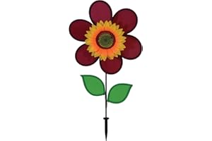 In the Breeze 2703 — 12-inch Burgundy Sunflower Wind Spinner with Leaves — Colorful Flower for Yard and Garden
