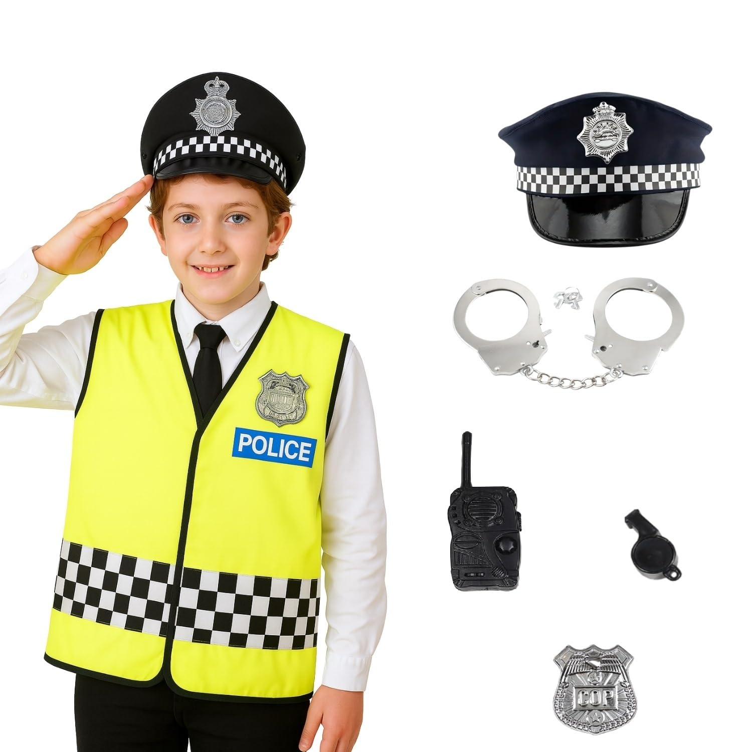 Police Costume for Kids Dress Up Set with Policeman Vest Police Officer Outfit Toys Accessories Children's Dressing Up Uniform for Toddlers World book day costumes for Boys Girls (Large (5-7 Years))