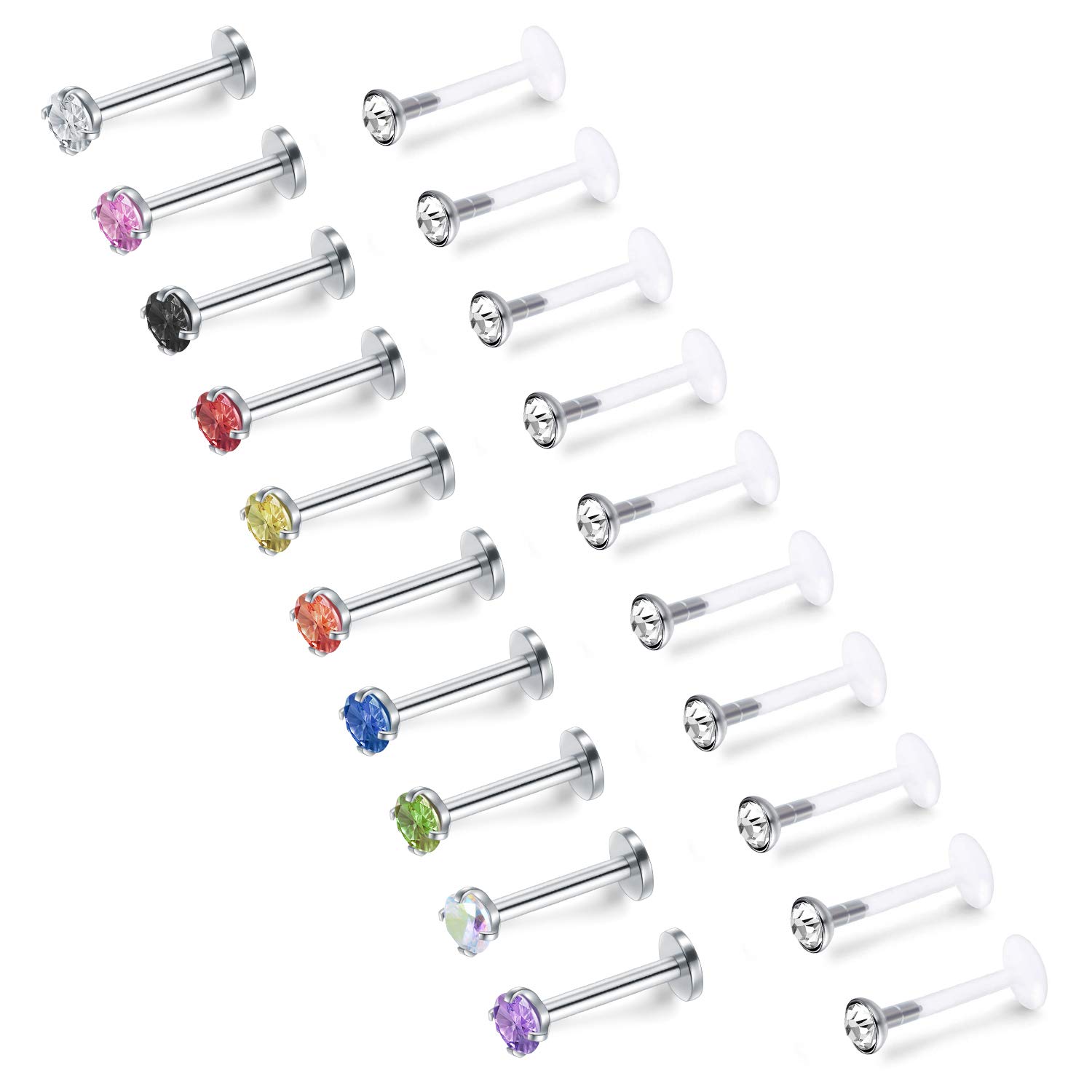 Mayhoop 20PCS Lip Bar Labret Monroe Studs 16G 8mm Acrylic & Stainless Steel Tragus Helix Earring Stud with 3mm Clear and Colorful Crystal Piercing Jewelry