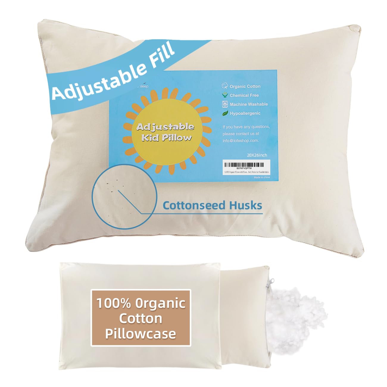 Photo 1 of LOFE Organic Pillow with Pillowcase - 20x26 Youth Pillow with 100% Organic Cotton Shell, Adjustable Loft Organic Standard Plilow, Machine Washable, Soft, Perfect for Youth&Adults
