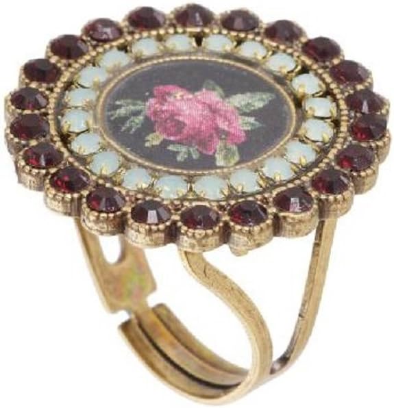 Michal Negrin Brass, Swarovski Crystals Adjustable Ring with Vintage Roses Cameo