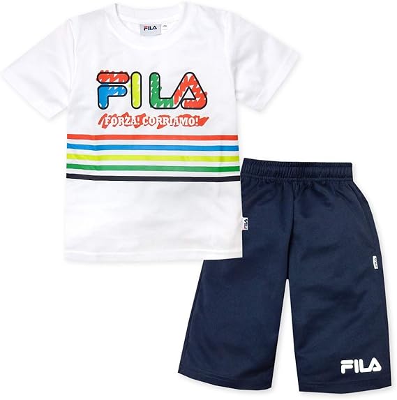 Amazon ホワイト 110cm 男児 キッズ Fila フィラ 吸汗速乾 半袖 Tシャツスーツ 上下組 ハーフパンツ ジャージ ロゴ ボーダープリント 子供服 男の子 110cm 1cm 130cm A 2100a Wt メール便対応 Tシャツ カットソー 通販