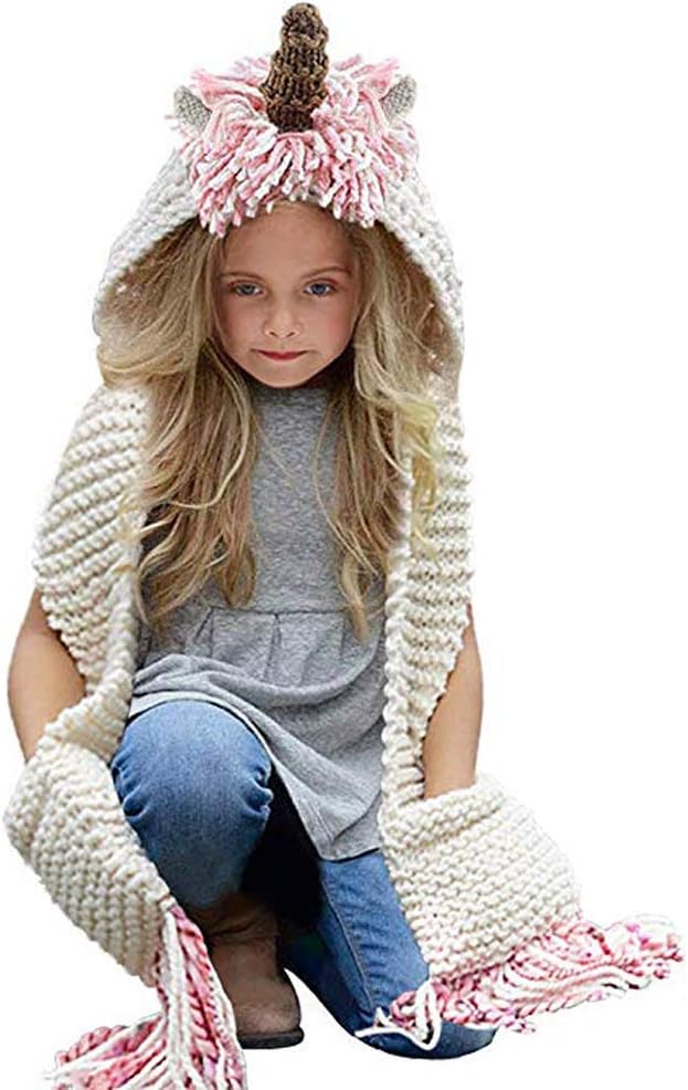 Girls Kids Crochet Cartoon Unicorn Winter Warm Hat with Scarf Pocket Hooded Knitting Best Gifts