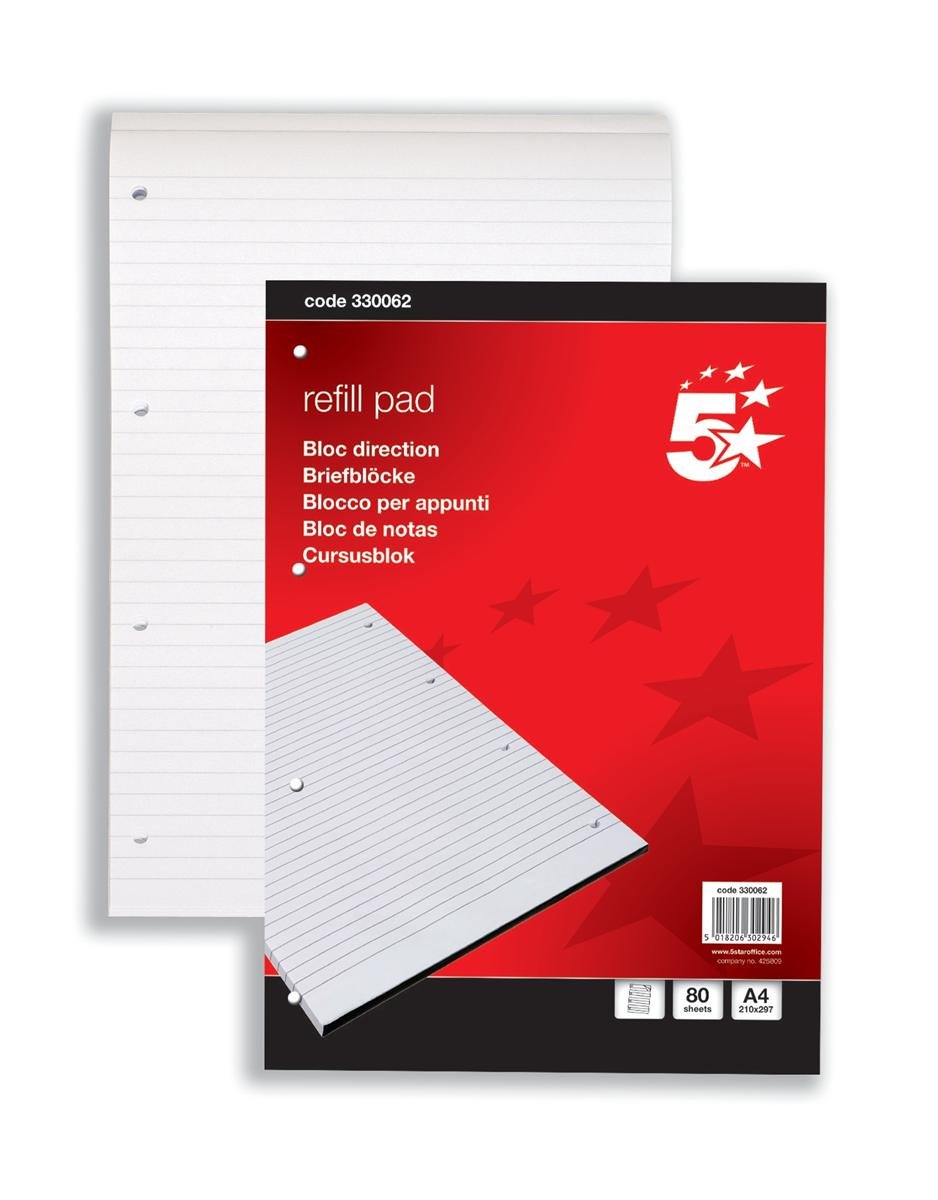 5 Star Office Refill Pad Headbound Feint Ruled 4-Hole Punched 80 Sheets A4 [Pack 10], White
