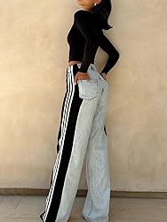 Angsuttc Womens Jeans with Patchwork Stripes High