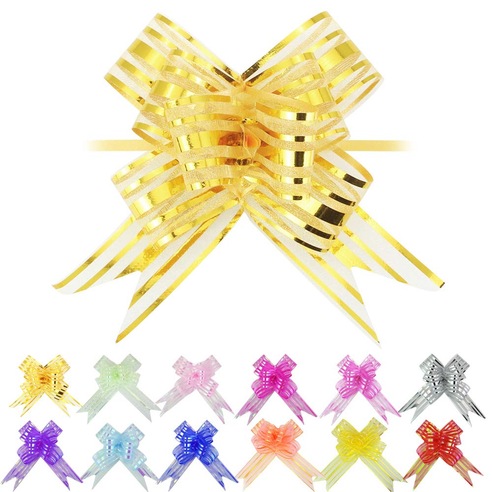 EMAGEREN 12 Pack Pull Bows 50mm Large Ribbon Bows Organza Pull Bows Gift Wrapping Bows Present Bow Basket Bow Hamper Bows for Gift Wrapping Flower Present Wedding Car Decoration, 12 Colors