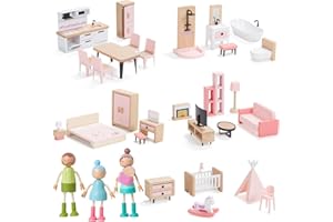 Giant bean 32pcs Pink Wooden Dollhouse Furniture Set for 5 Rooms, Wood and Plastic Dollhouse Accessories Pretend Play Furnitu