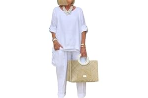 Bengbobar Women Linen 2 Piece Pants Suit for Women Dressy Cotton Linen Sets Outfits Long Sleeve Shirts Wide Leg Trousers