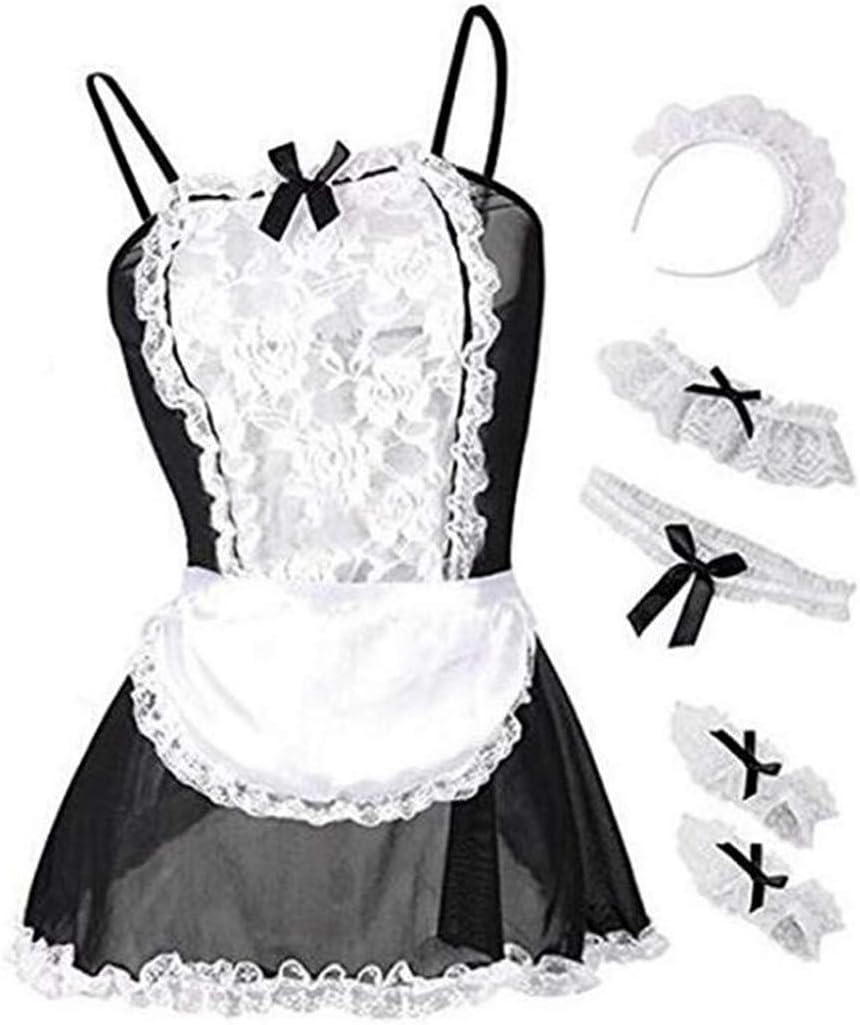 Shangrui French Maid Costume Uniform, Hollow Out Lace Costume Lovely Service Maiden Apron & Skirt