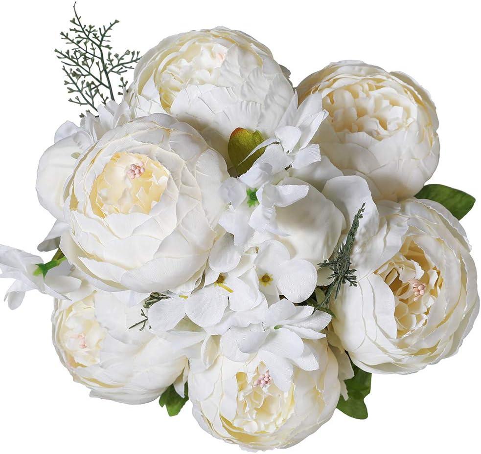 Luyue Vintage Artificial Peony Silk Flowers Bouquet Home Wedding Decoration (Spring White)