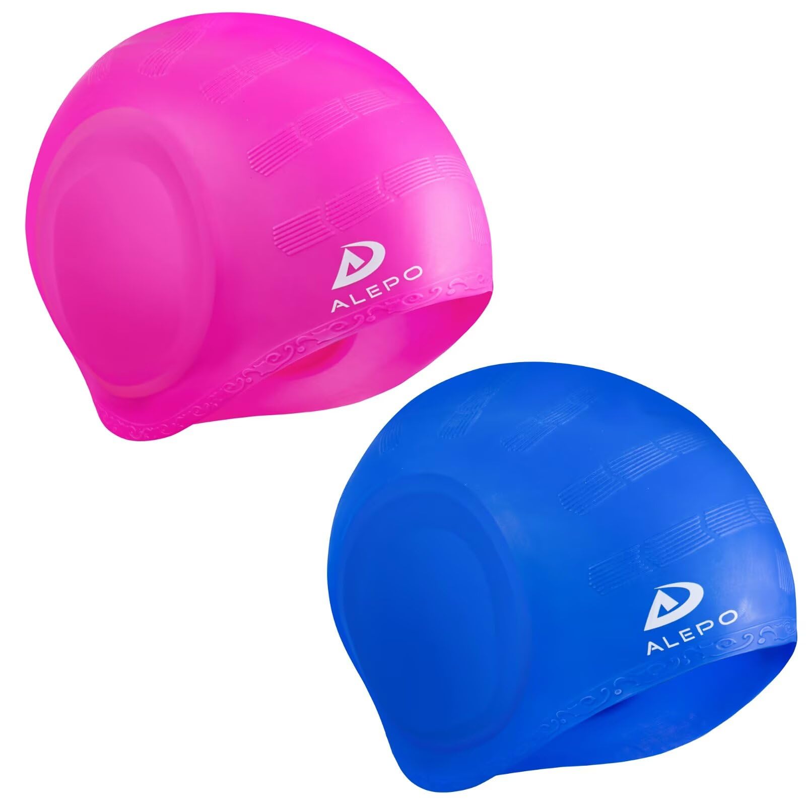 Alepo 2 Pack Swimming Cap Unisex with 3D Ear Protection, Durable Flexible Silicone Swimming Hat Women Men Kids Adults, Bathing Swim Cap for Short/Long Hair with Ear Plugs&Nose Clip（Rose Red+Blue） — image 1