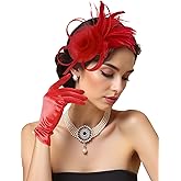 2Pcs 50s Fascinators Hats for Women Wedding Cocktail Flower Mesh Ribbons Feathers Church Tea Party Hats and Lace Glove