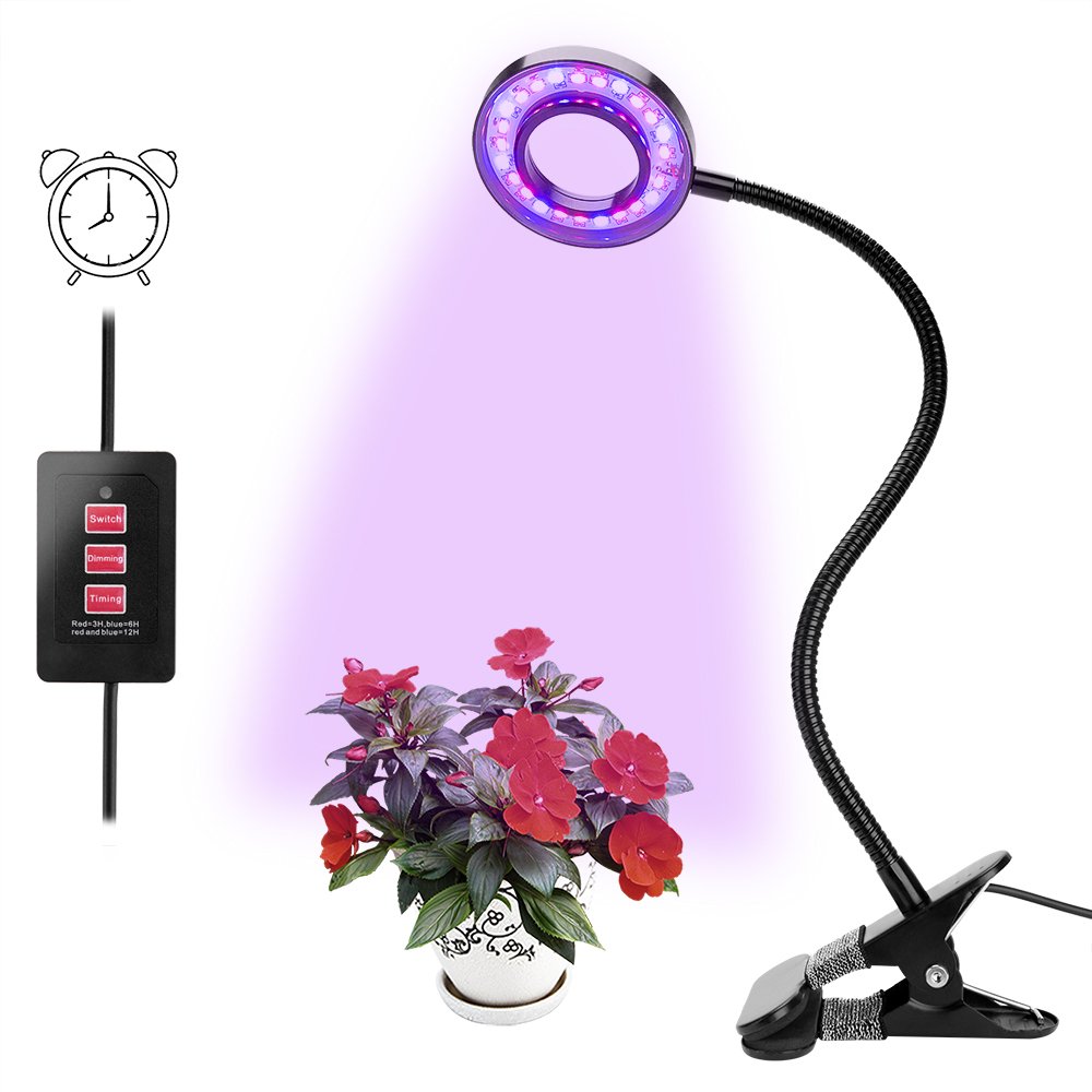 LED Plant Grow Light, Upgraded Timing Function (3H/6H/12H) 12W Clip On Plant Lamp with 360°Flexible Gooseneck, 24 LED 3 Lighting Modes 5 Level Dimmable Desk Table Growing Lamps for Indoor Plants Greenhouse Gardening