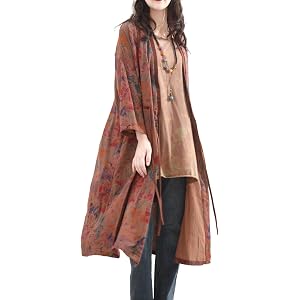 LUZU JUNU Women's Lightweight Cotton Kimono Floral Tie Up Loose Boho Cardigan Open Front Trench Coat Shawl With Pockets