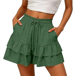 bawilom Shorts for Women Ruffled Tiered Pleated Mini Skirts Boho Drawstring High Waist Flowy Comfy Tennis Golf Skorts