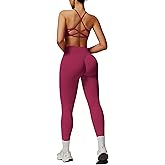 ABOCIW Workout Sets for Women 2 Piece Seamless Backless Strappy Sports Bra Scrunch Butt Lifting High Waist Leggings Gym Set Work Out Clothes Berry Red Large