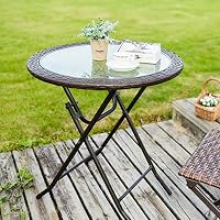 JIWU 26.8" Outdoor Wicker Folding Picnic Table Patio Porch Bistro Outdoor Dining Table with Water Lines Glass