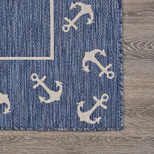 Lr Home Nautical Anchor Border Indoor Outdoor Rug, Blue/White, 5'3"" x 7'"