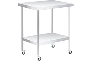 COZONY Stainless Steel Table, 30" x 24" Heavy Duty Worktable with Adjustable Undershelf and Locking Casters, 2 Tier Metal Prep Table for Commercial Kitchen, Restaurant, Garages