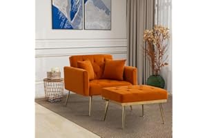 Chifee & Vingol Chaise Lounge Chair Indoor Split Backrest Velvet Accent Chair with Ottoman,Golden Legs,Orange