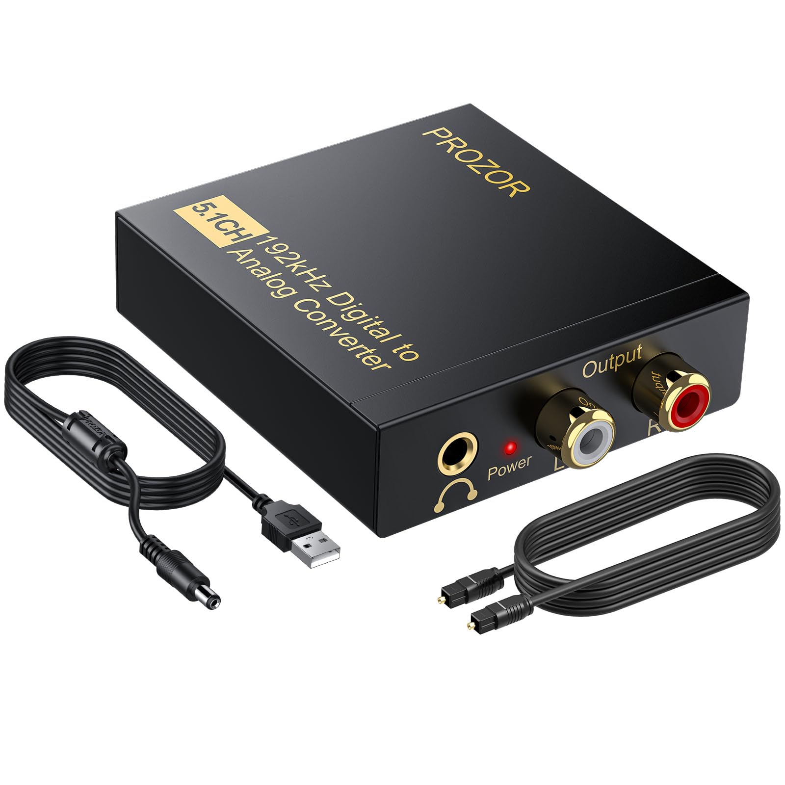 PROZOR 5.1CH DAC Converter - Optical/Coaxial to RCA/3.5mm, 192Khz Digital to Analog Audio Adapter with Amplifier Chip, Includes 3.2ft Optical Cable & Magnetic Ring Power Cord